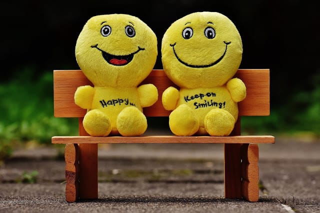 Two smiling stuffed toys seated on a bench